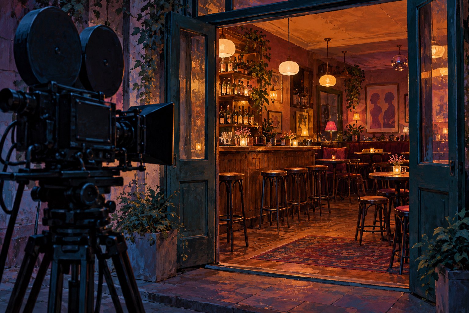 Conceptual illustration of a film camera aimed through the doorway of a warmly lit fictional neighborhood bar.