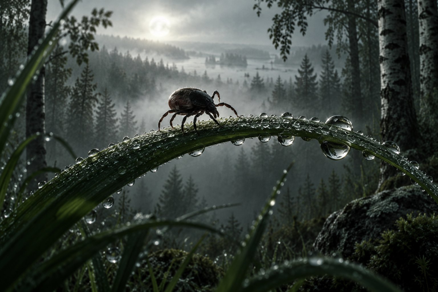 Conceptual illustration of a tick on dew-covered grass against a misty birch forest.