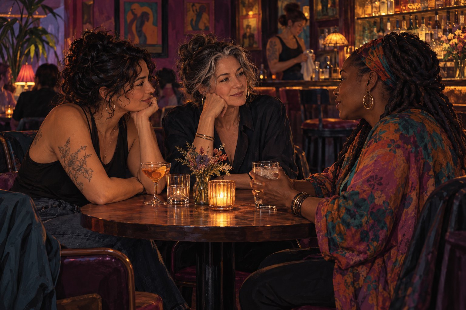 Conceptual illustration of three women talking around a candlelit table in a fictional neighborhood bar.