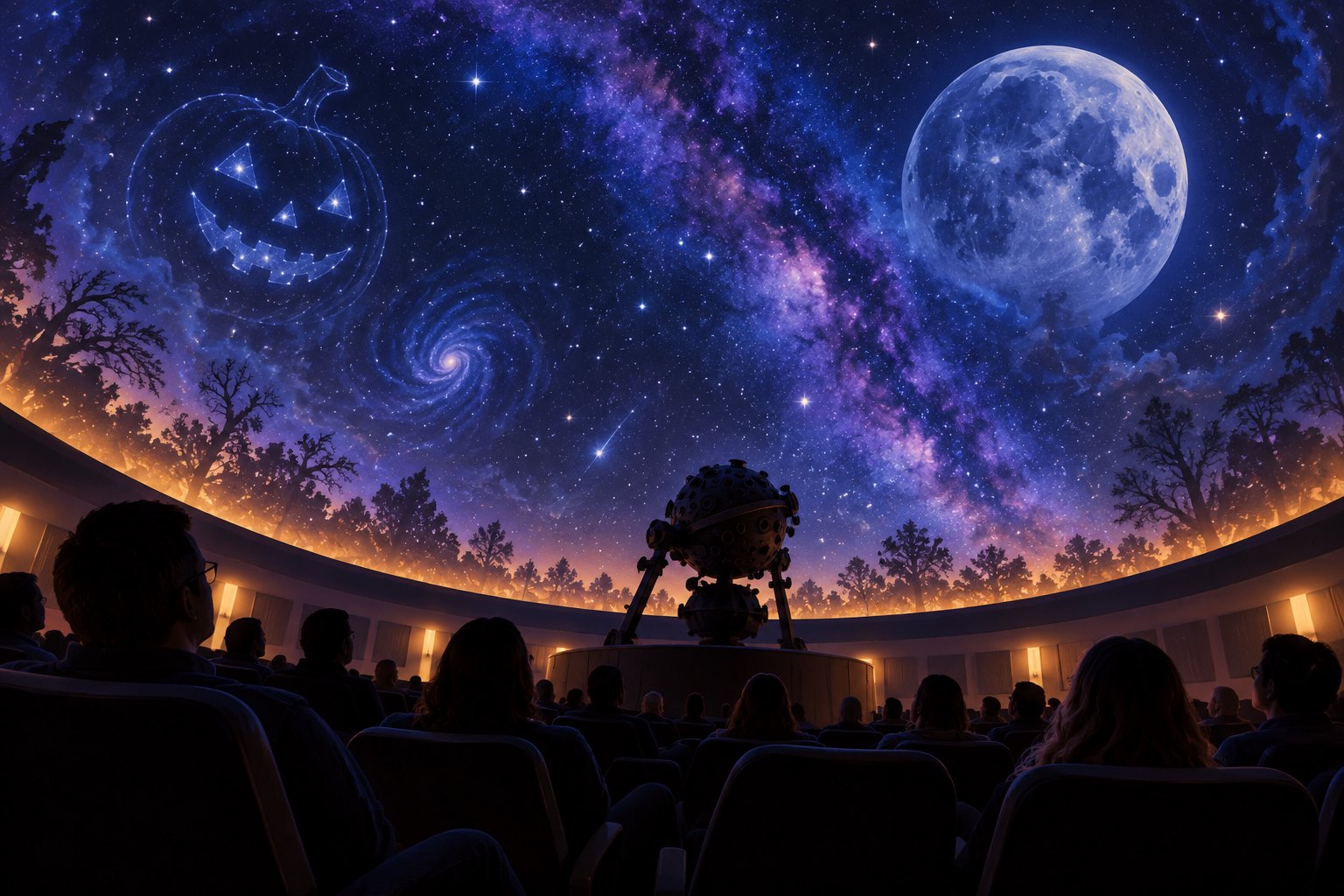 Conceptual illustration of seated planetarium visitors beneath a starry dome with a moon and a pumpkin-shaped constellation.