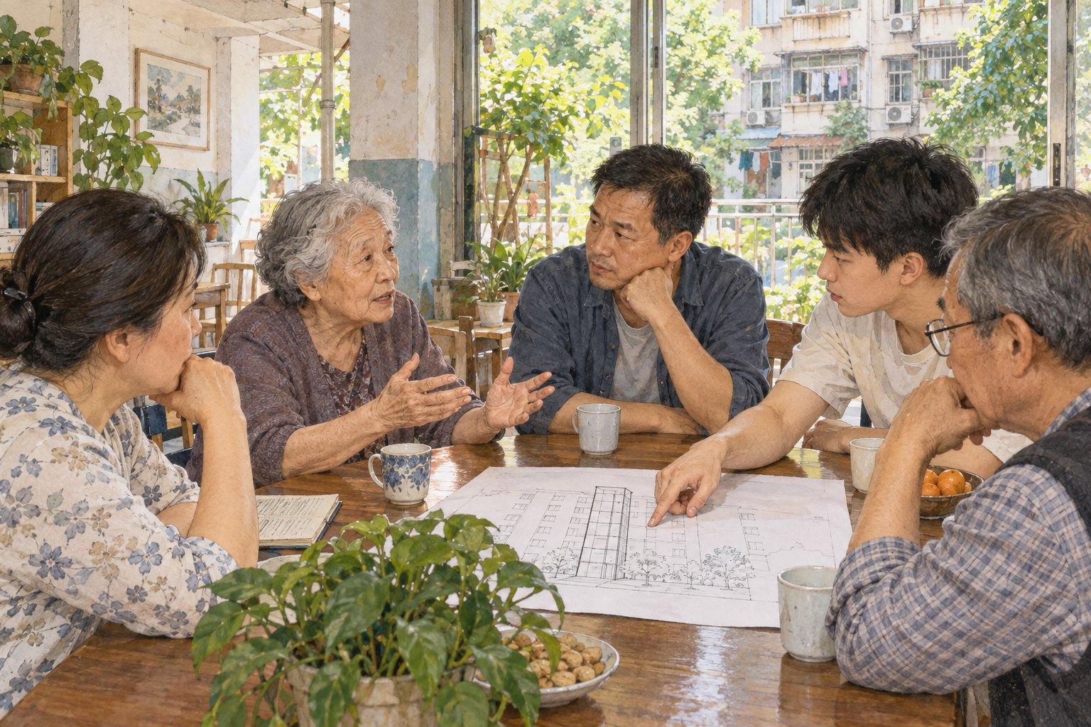 不同年龄的邻居围桌讨论住宅示意图,原创议题插画,非电影剧照
