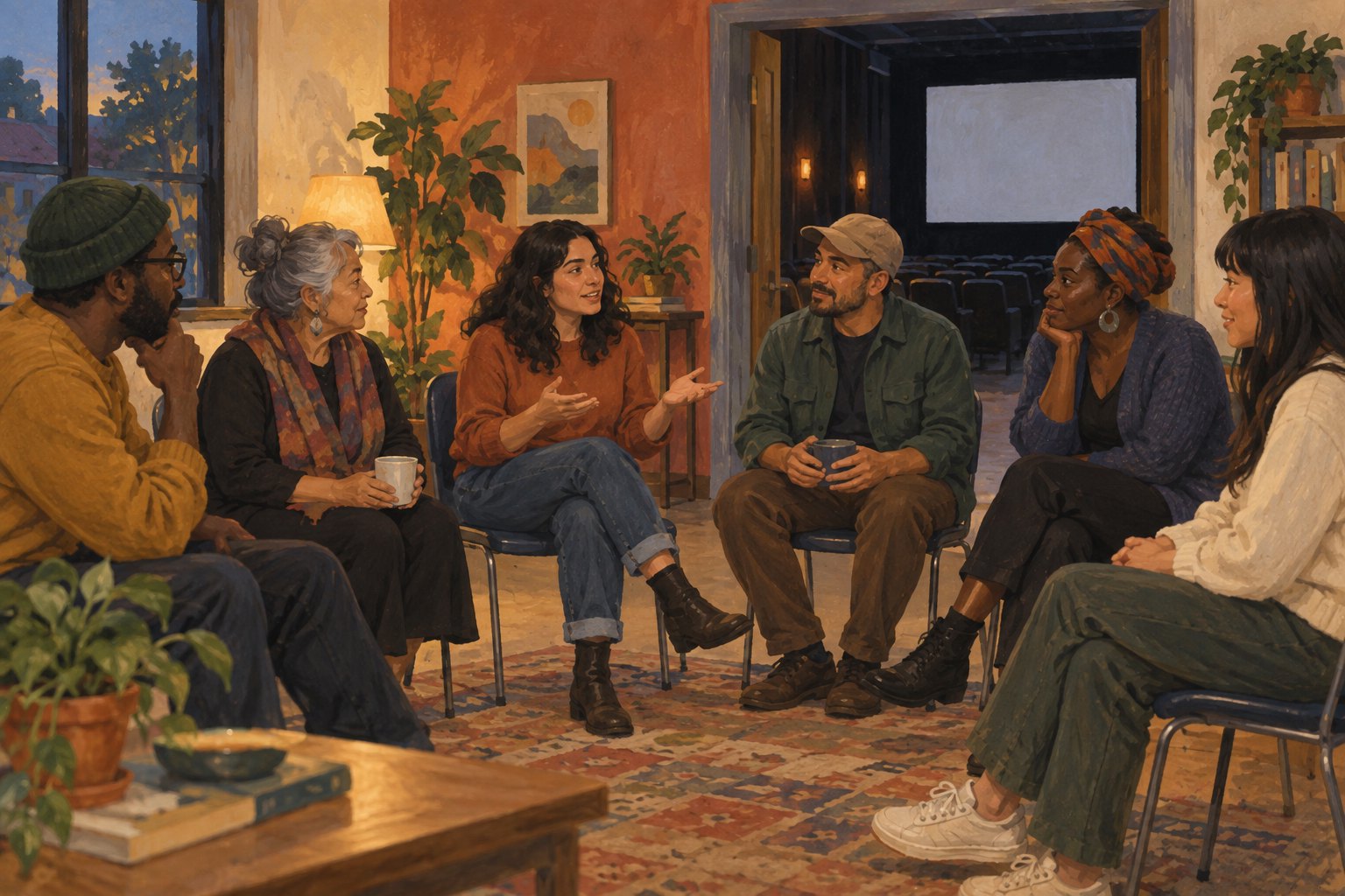 Conceptual illustration of neighbors discussing a film in an imagined community room beside a screening space.