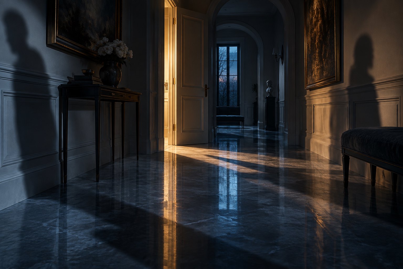 Conceptual illustration of an elegant, shadowy hallway with an open door casting warm light across a cool blue floor.