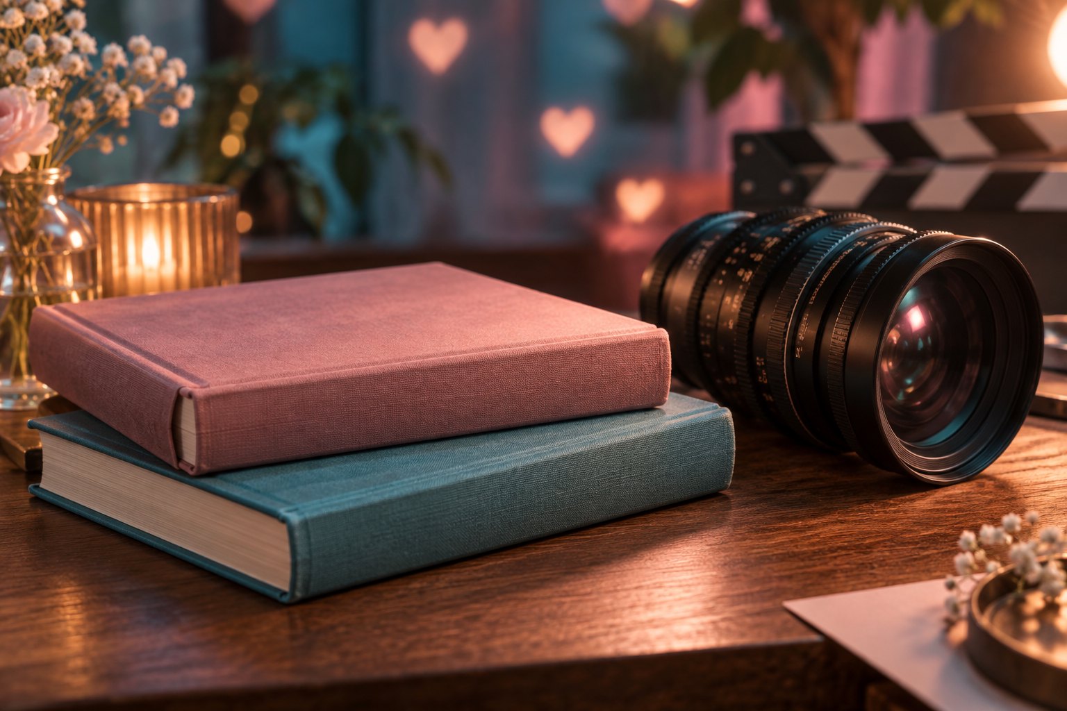 Two unmarked novels beside a cinema lens on a wooden desk, with warm lighting and heart-shaped bokeh.
