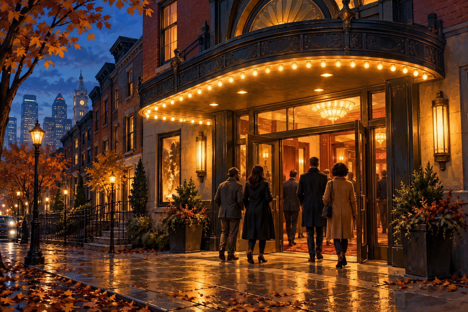 Illustration of moviegoers entering a warmly lit cinema on a Philadelphia-inspired brick street at dusk.