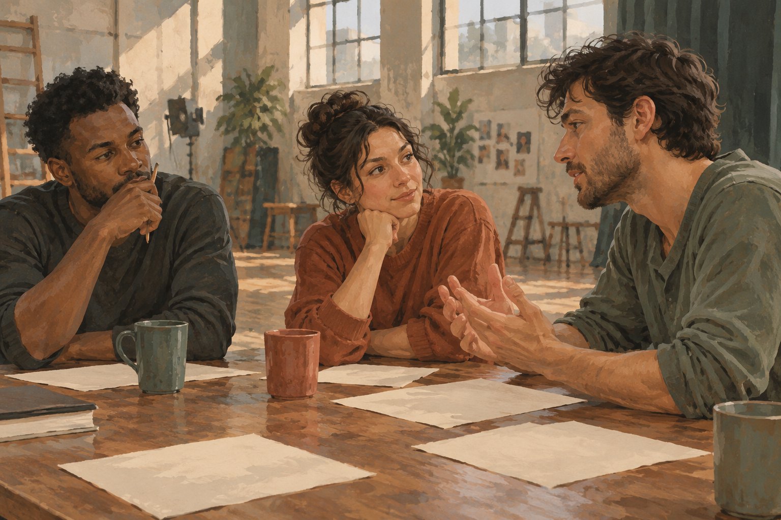Conceptual illustration of three fictional performers listening and talking around a rehearsal table.
