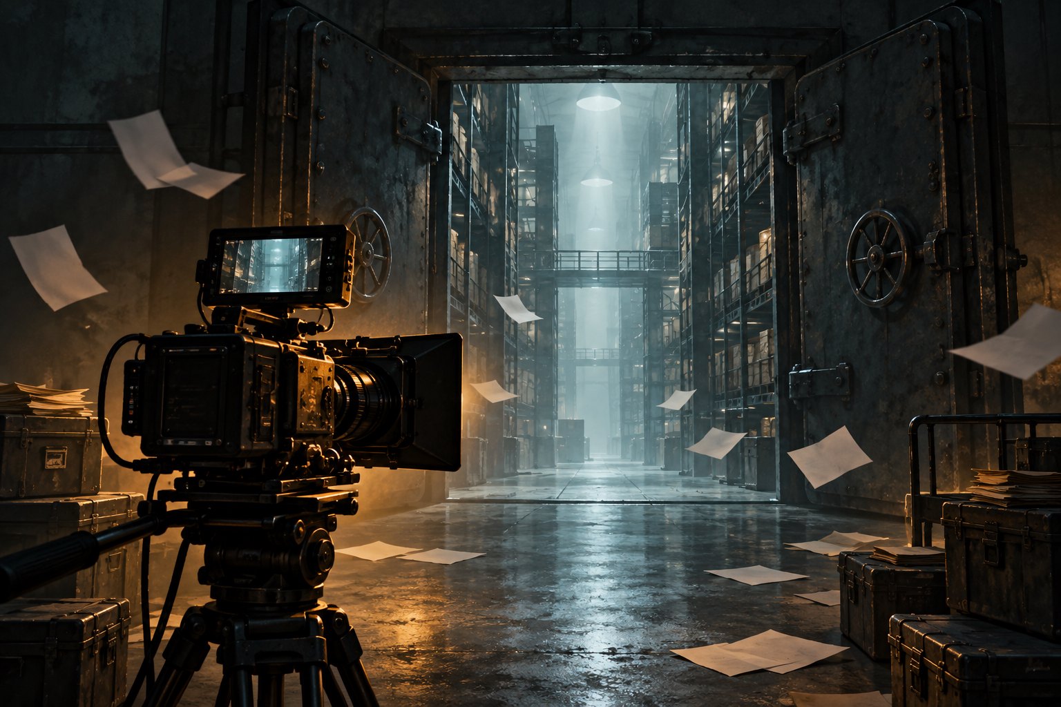 Conceptual illustration of a cinema camera facing an open industrial archive with loose papers drifting through cold light.