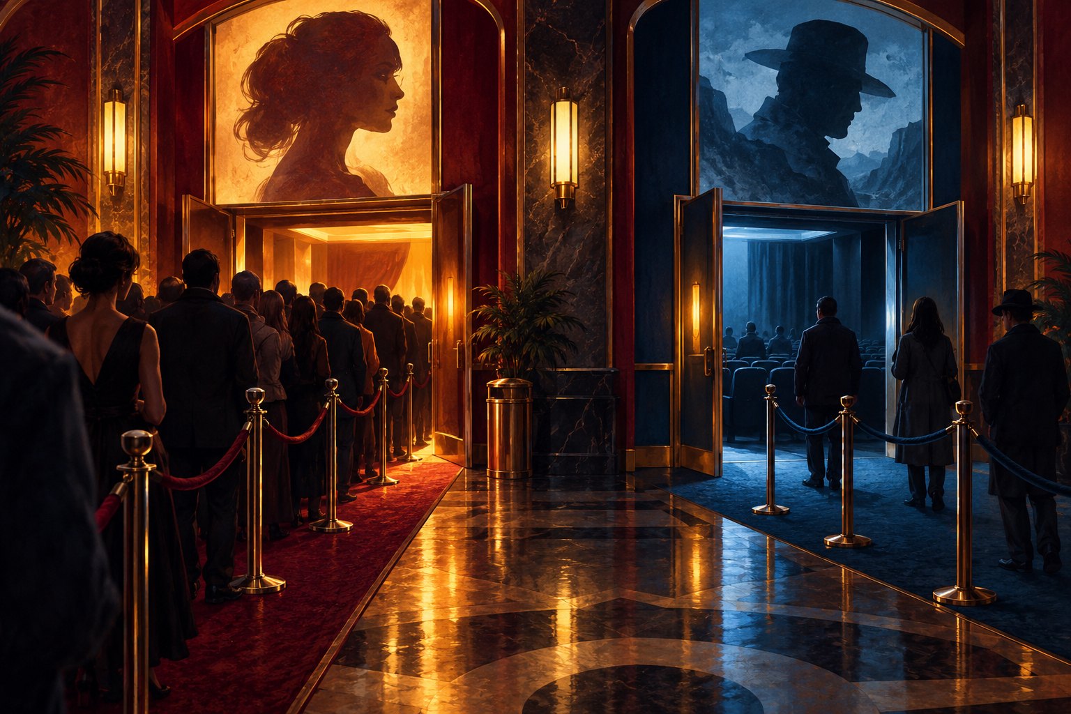 Editorial illustration of contrasting crowds entering amber-lit and blue-lit movie theater auditoriums.