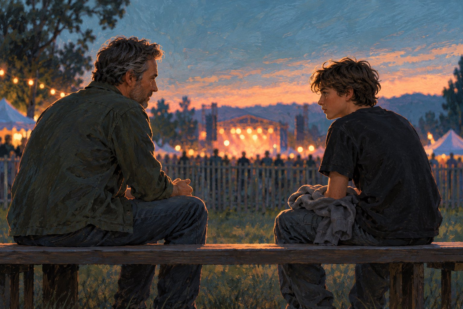Conceptual illustration of a father and teenage son sitting on a wooden bench with distant festival lights behind them.