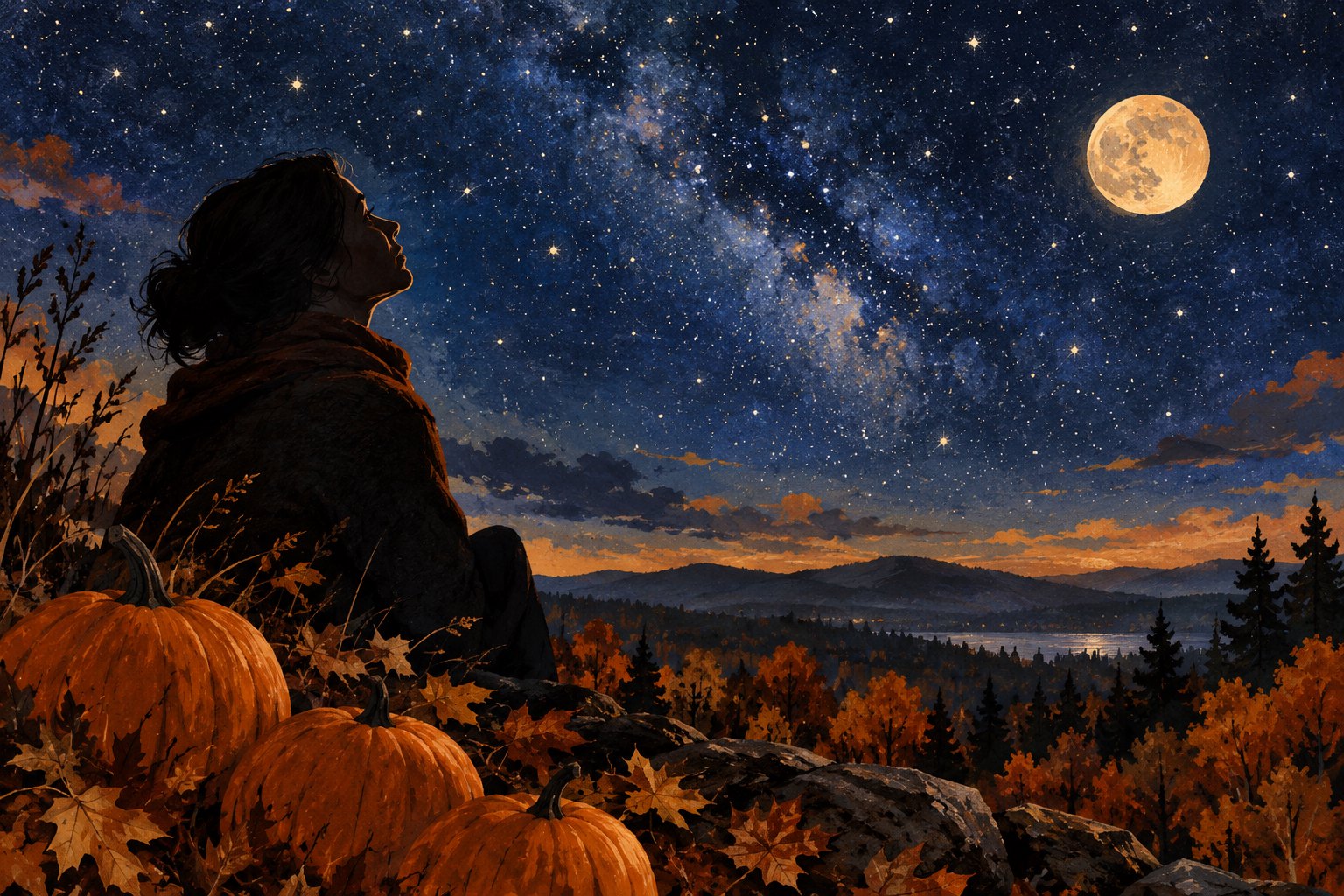 Conceptual illustration of an observer beneath a star-filled autumn sky, with orange pumpkins in the foreground.