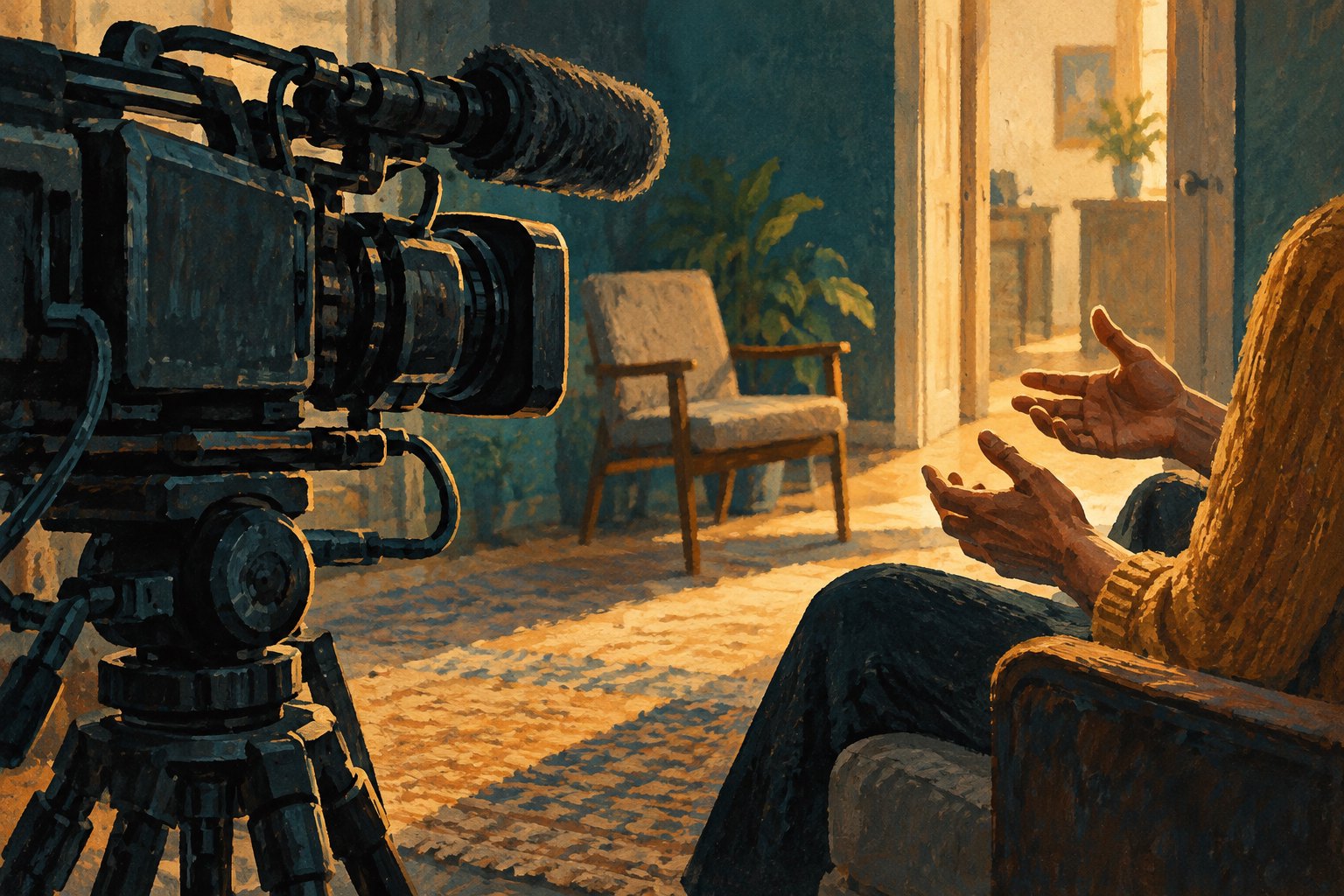 Conceptual illustration of a documentary camera facing an interview participant’s gesturing hands, with an empty chair and open doorway behind them.