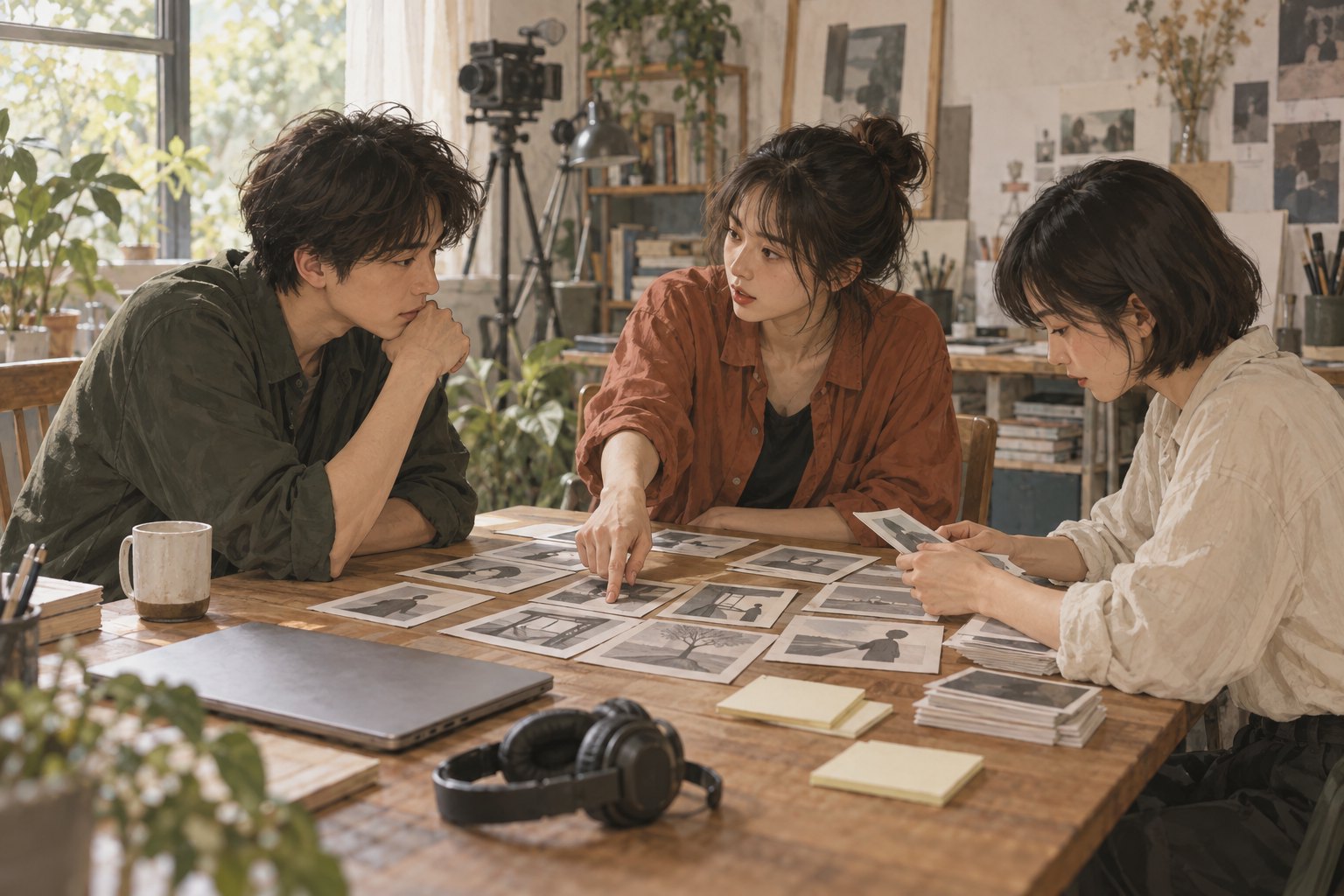 主题插画：三位年轻电影创作者围坐工作桌，讨论并整理分镜卡片