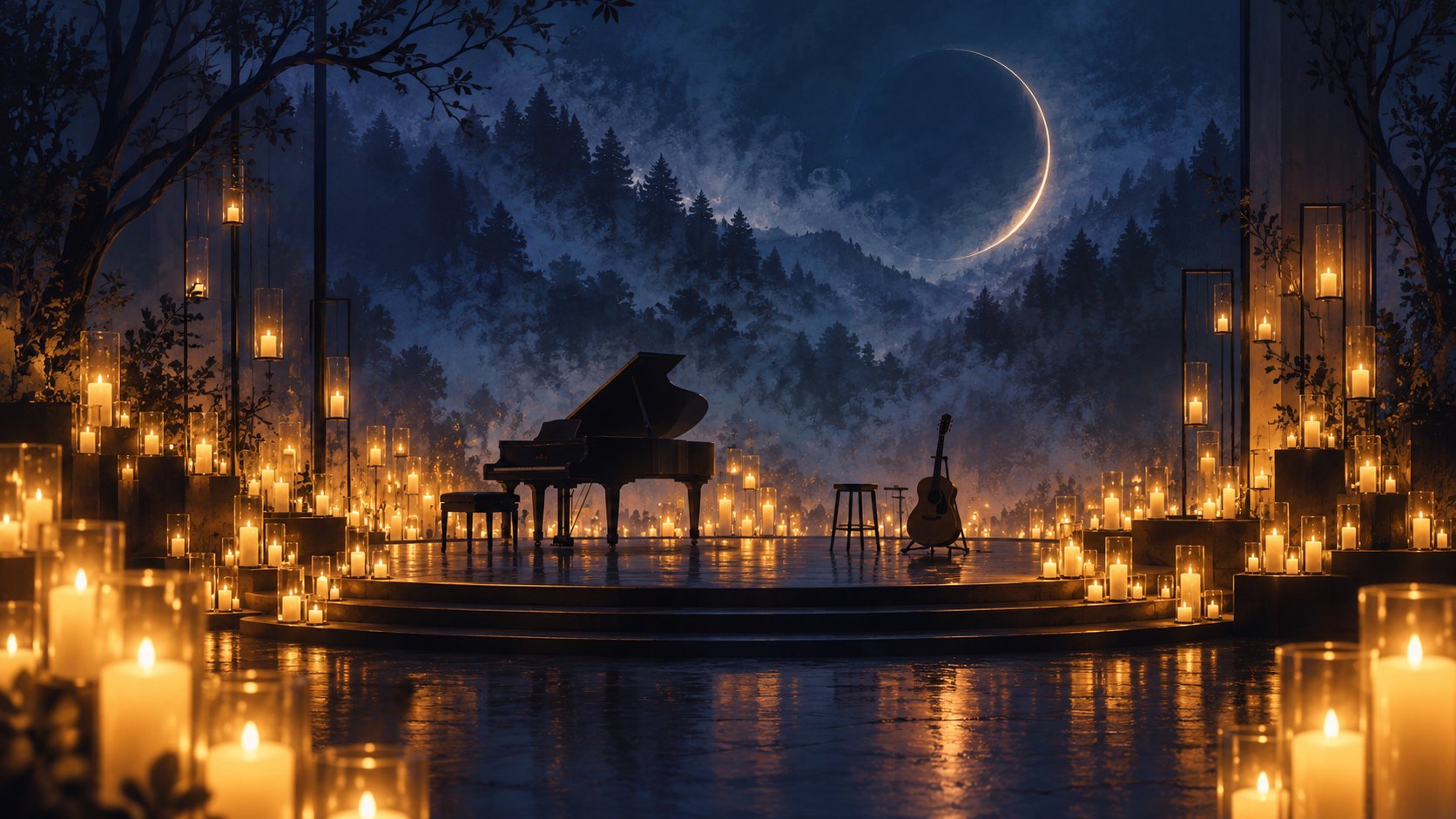 燭光環繞鋼琴與吉他的夜色舞台概念插畫,非活動實景
