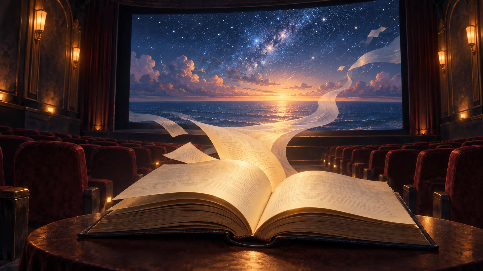 概念插畫:翻開的書頁延伸向映著星空與海平線的銀幕,象徵故事走進電影院