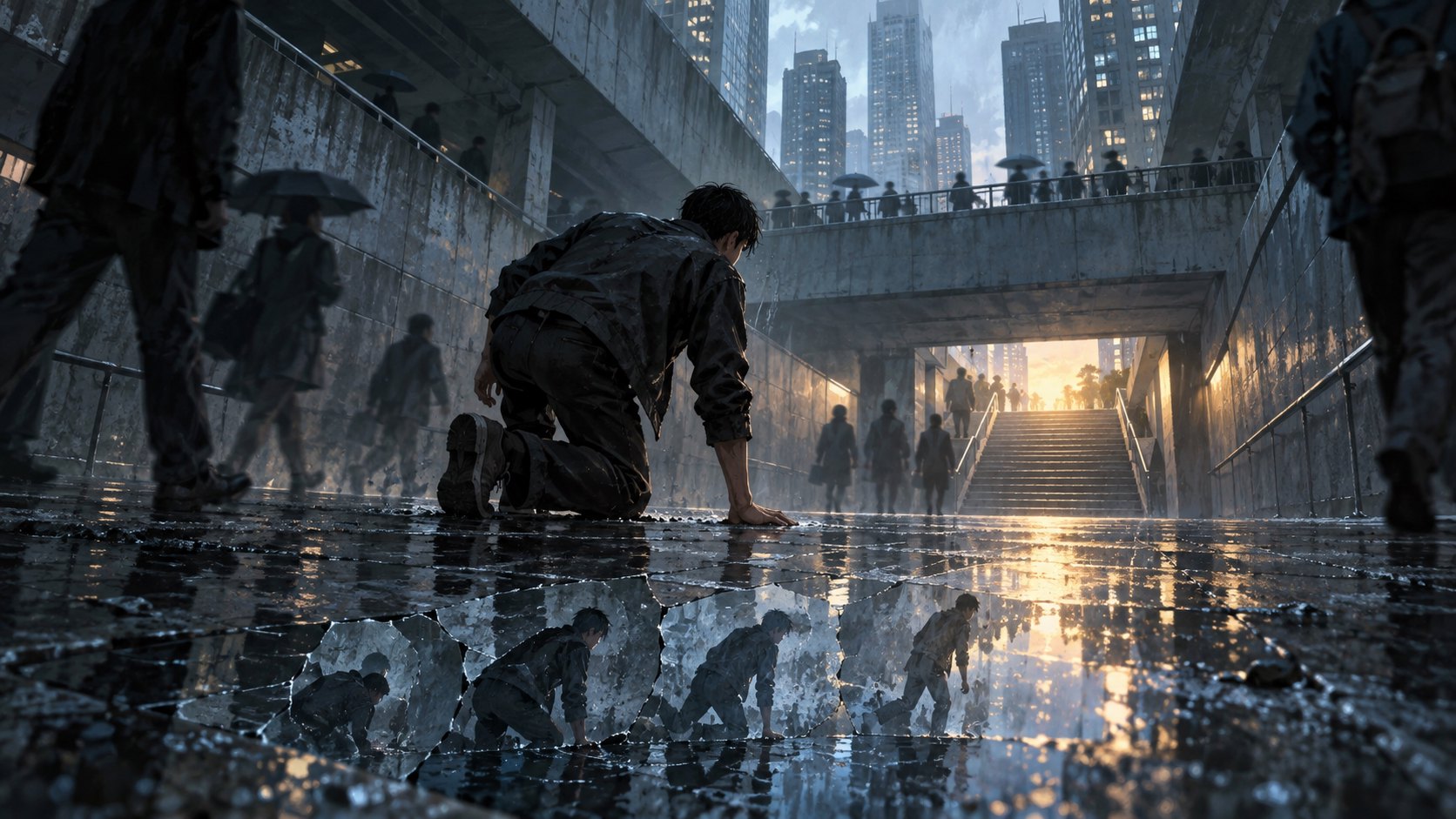 原創概念插畫:男子在雨後城市地下道撐地起身,水中倒影呼應反覆承受壓力的處境,非電影劇照