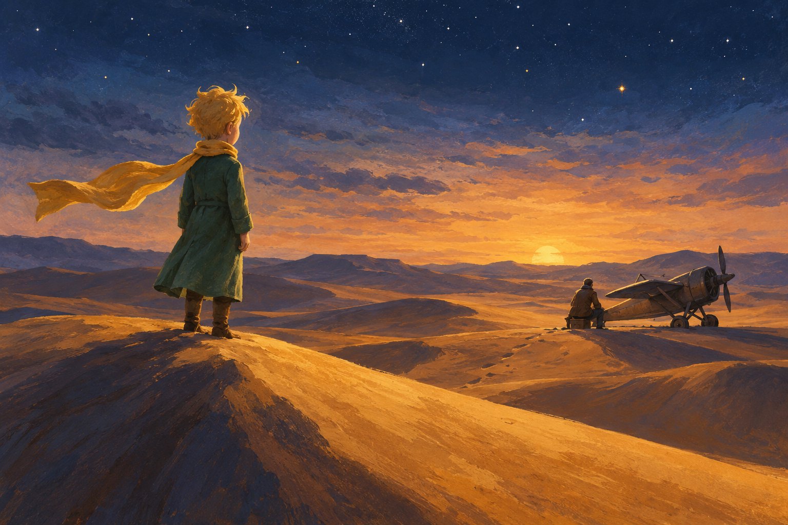 Painterly illustration of a golden-haired child on a desert dune facing a distant aviator and propeller airplane at twilight.