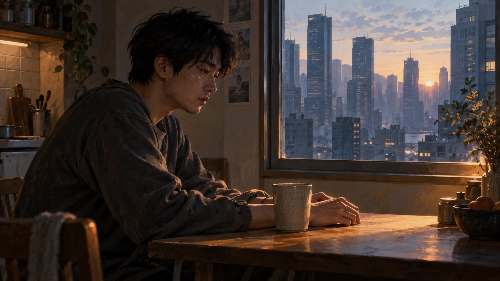 原創概念插畫:疲憊男子坐在晨光中的餐桌旁,窗外高樓映襯片刻休息的珍貴,非電影劇照