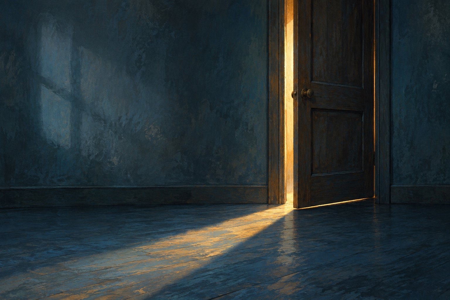Conceptual illustration of warm light entering a dark blue room through a slightly open wooden door.
