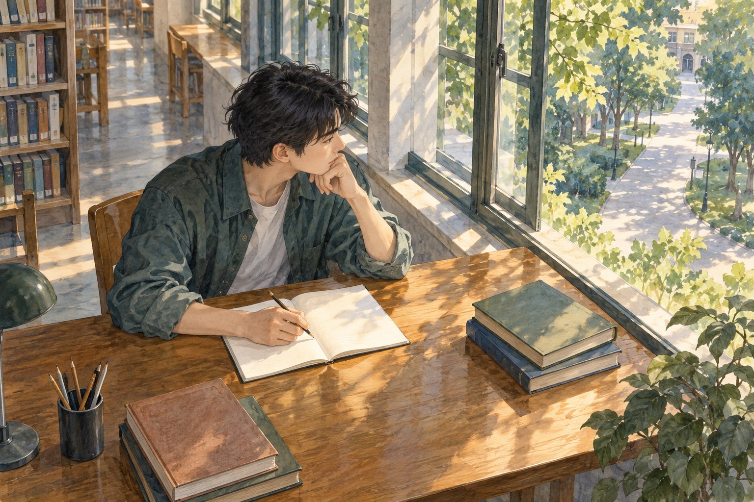 青年求索主题插画:学生在图书馆窗边握笔思考,窗外校园步道伸向树荫
