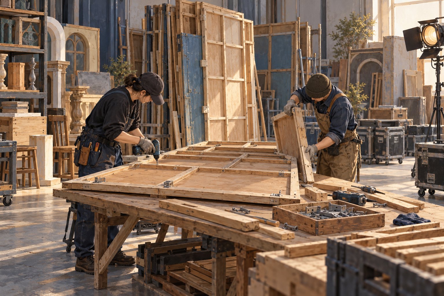 布景复用主题示意图：两名工作人员在工坊拆解木质景片，周围整齐存放着布景构件