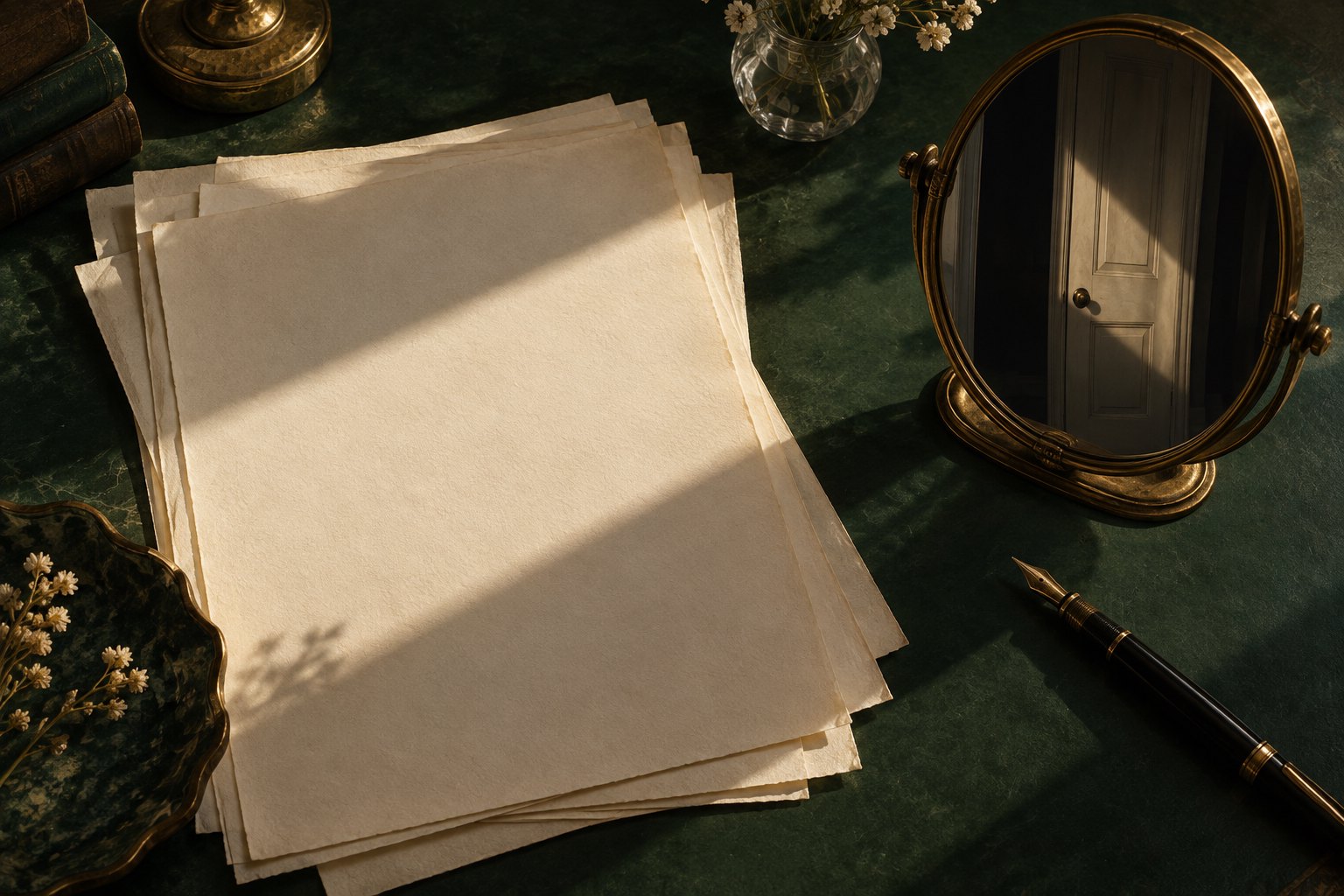 Symbolic illustration of blank manuscript pages beside an oval mirror reflecting a closed door on a green writing table.
