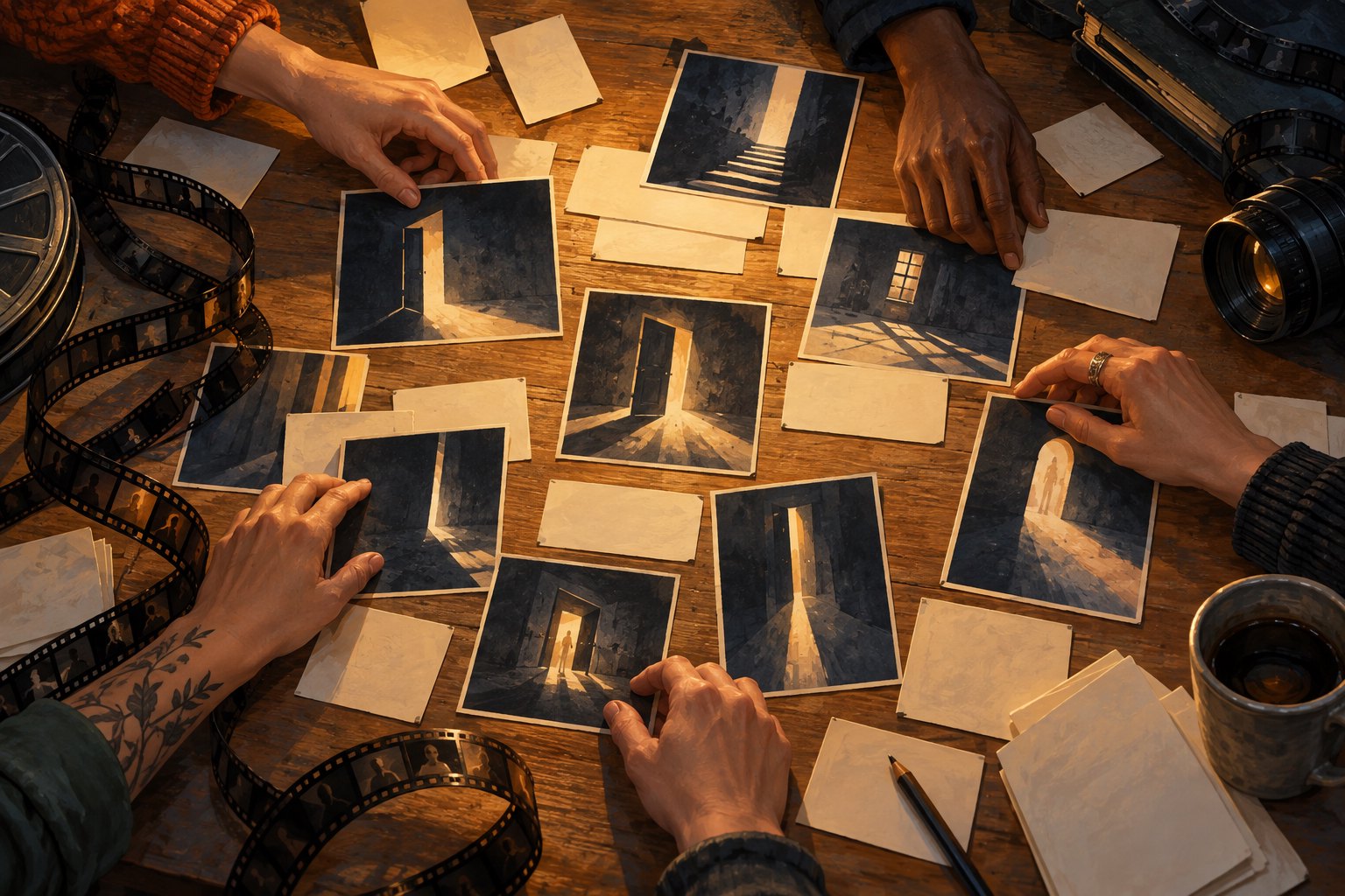 Conceptual illustration of collaborators arranging atmospheric storyboard images around a wooden table with film strips and camera lenses.