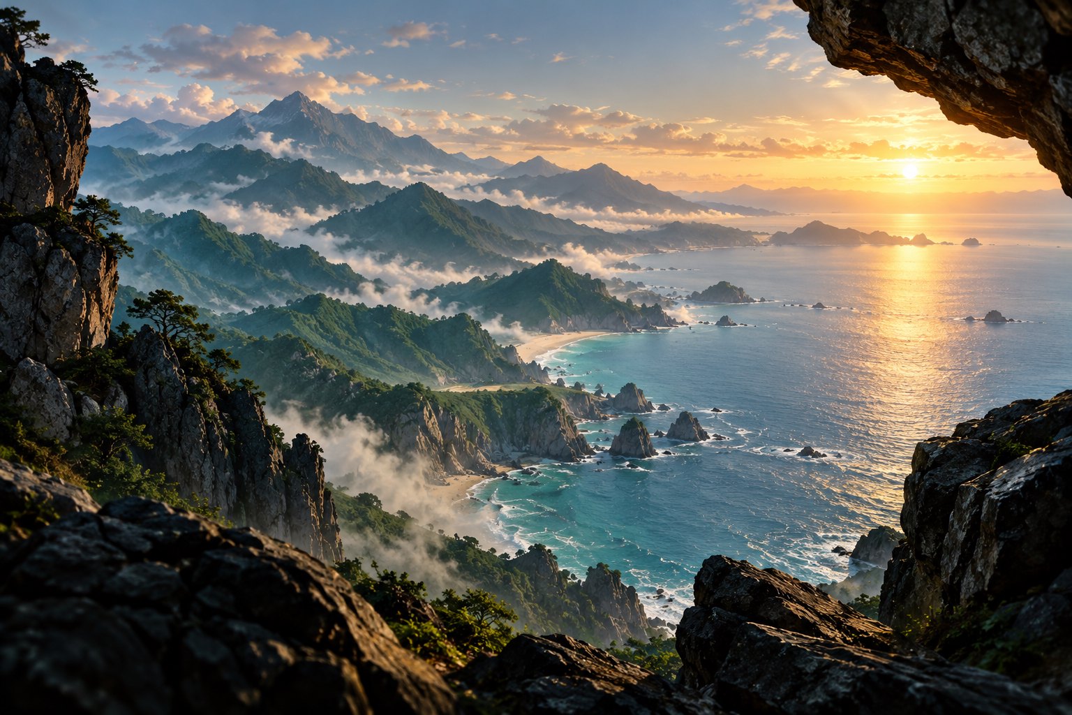 岩石框景中的青色群山与金色海湾，山间薄雾绵延的原创山海意象图，非影片剧照
