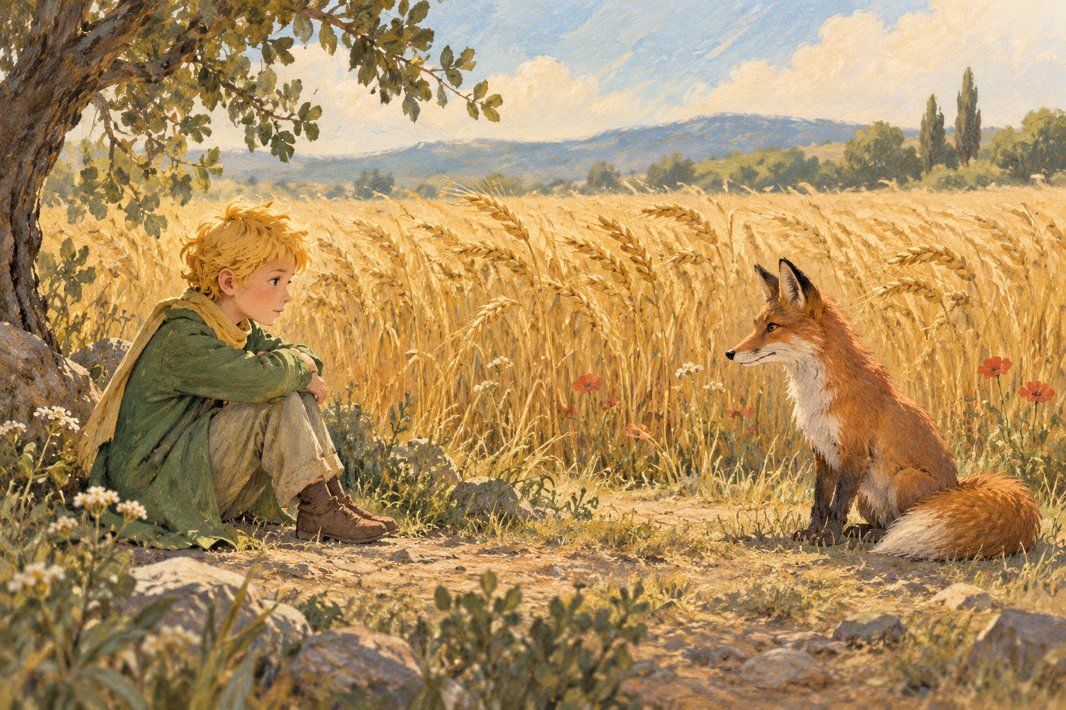 Painterly illustration of a golden-haired child and a russet fox sitting apart beside a sunlit wheat field.