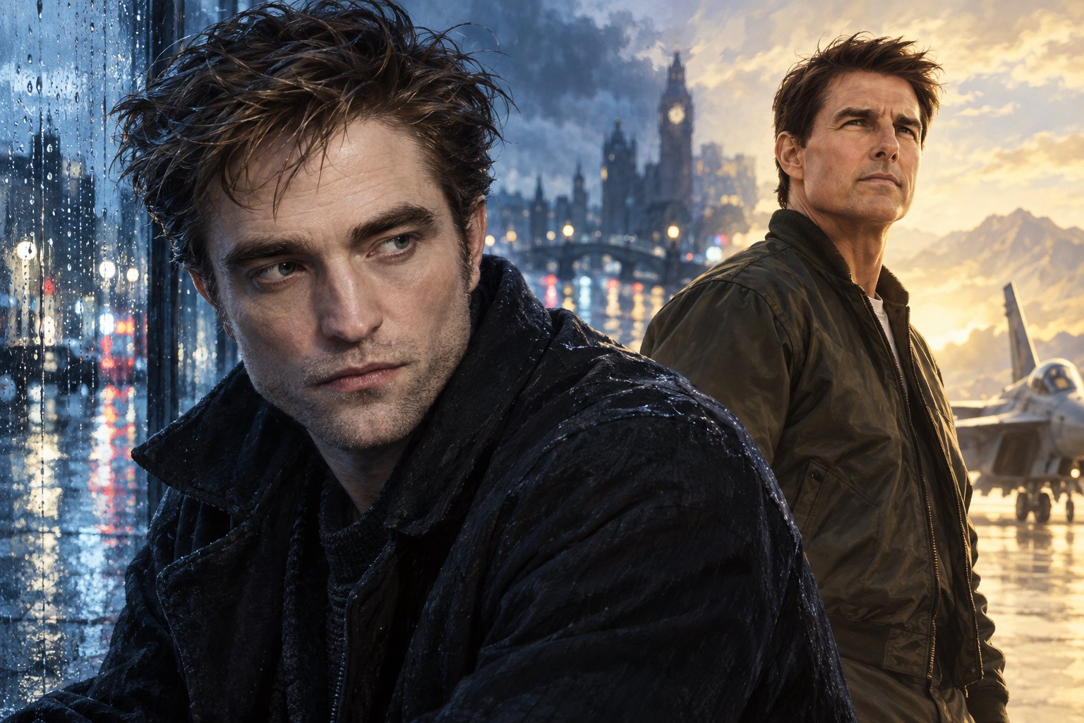 Painterly portraits of Robert Pattinson in cool urban shadows and Tom Cruise in warm light.