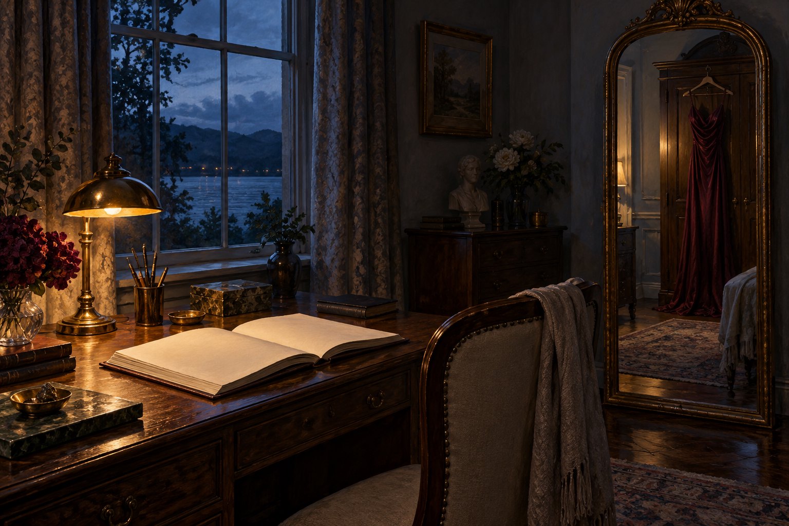 Concept illustration of an open blank manuscript on a lamplit desk beside a mirror reflecting a burgundy dress.