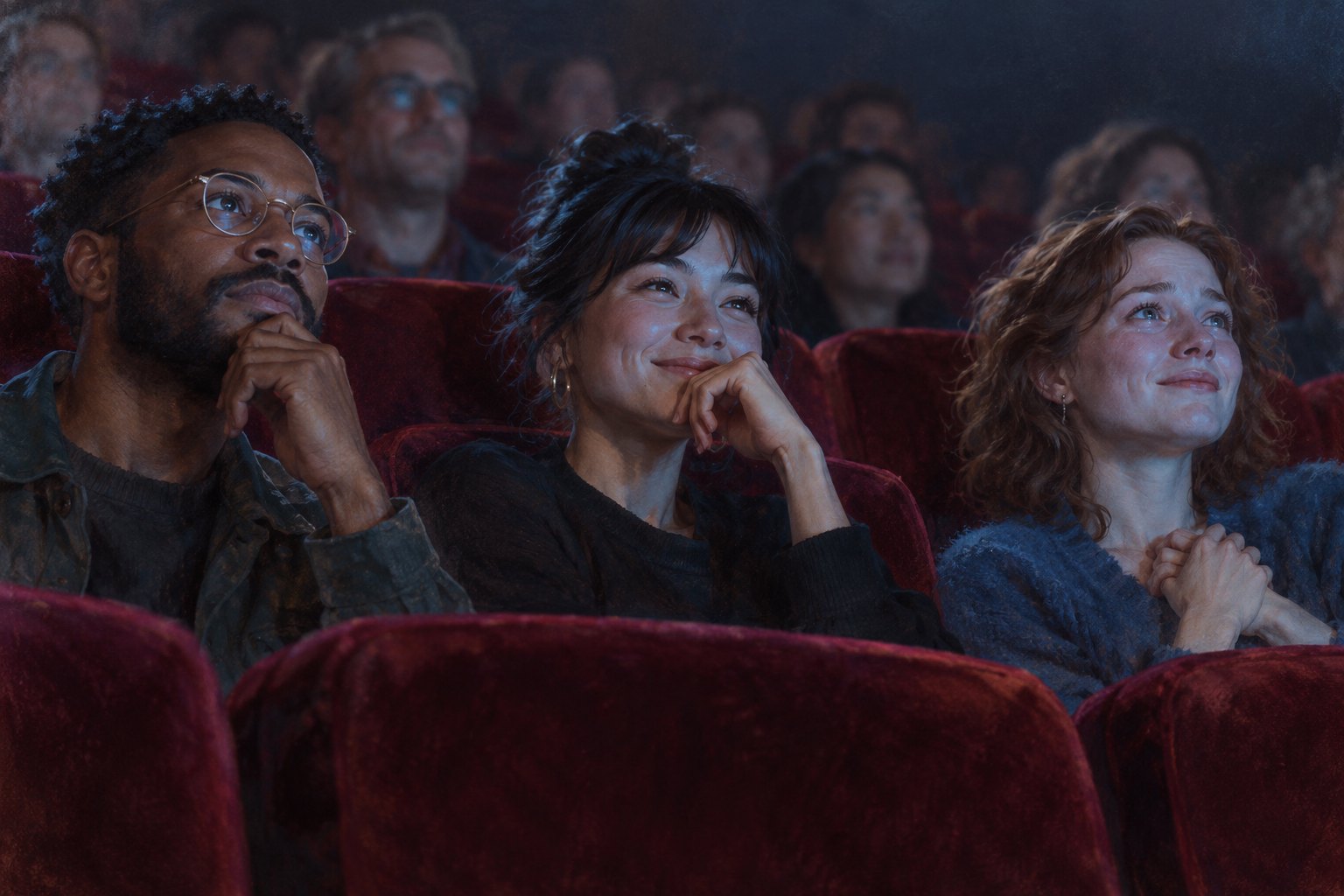 Illustration of three moviegoers watching a screen with thoughtful, amused, and emotional expressions.