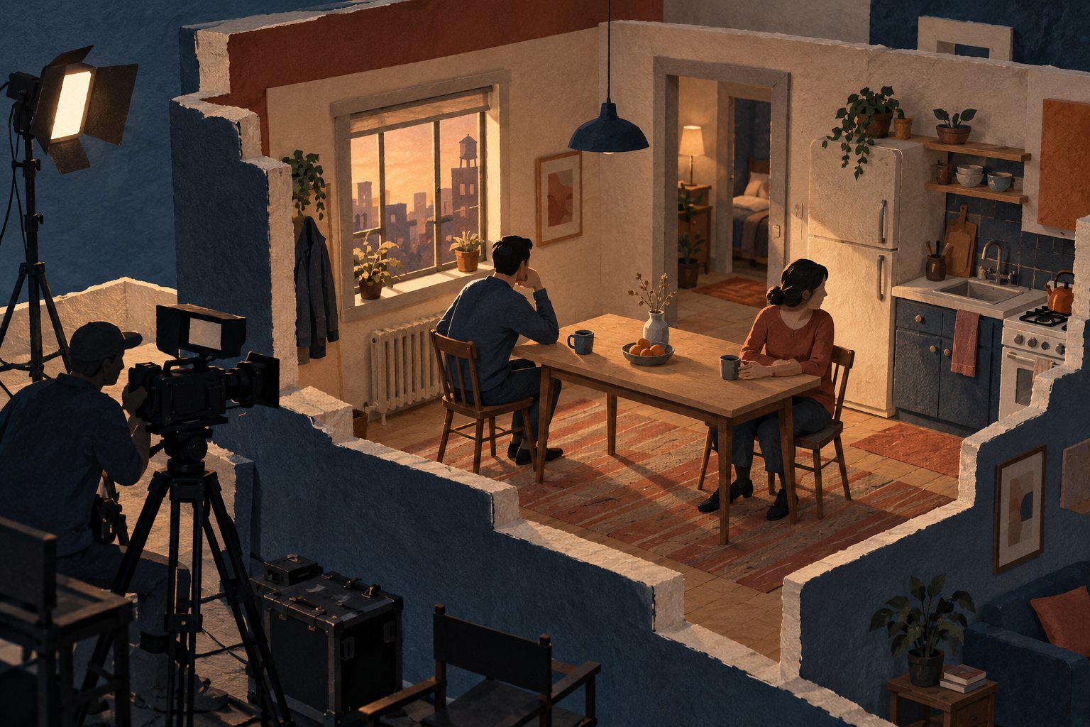 Paper-cut illustration of two performers at a kitchen table on an apartment set, with a camera operator and studio light outside the walls.