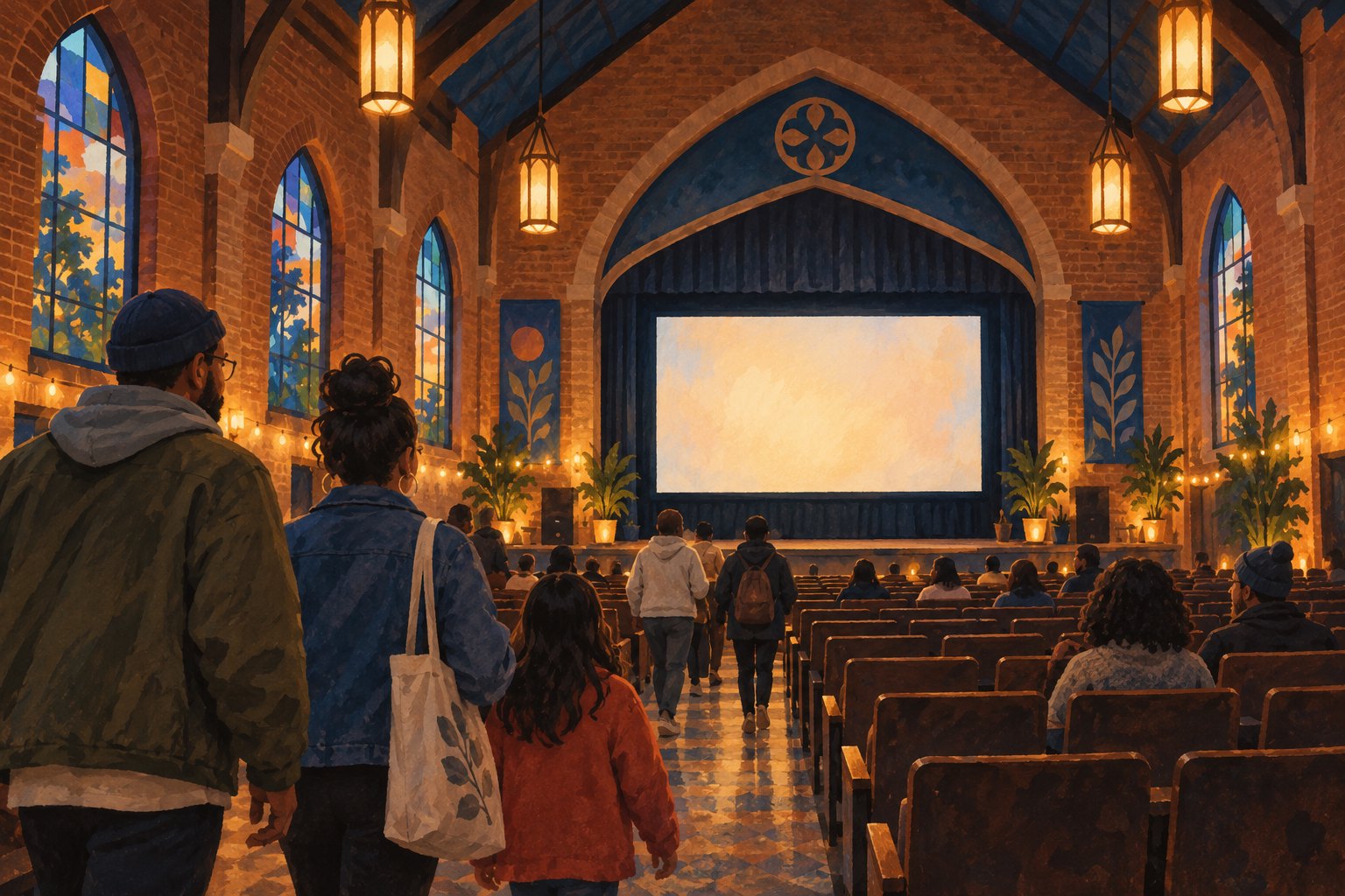 Conceptual illustration of neighbors entering an imagined historic gathering hall with cinema seating and a glowing blank screen.