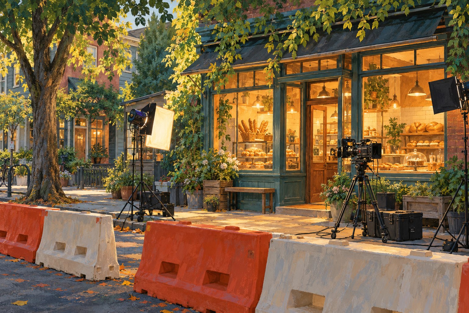 Conceptual illustration of a neighborhood bakery with glowing windows, film cameras, lighting equipment, and street barriers.