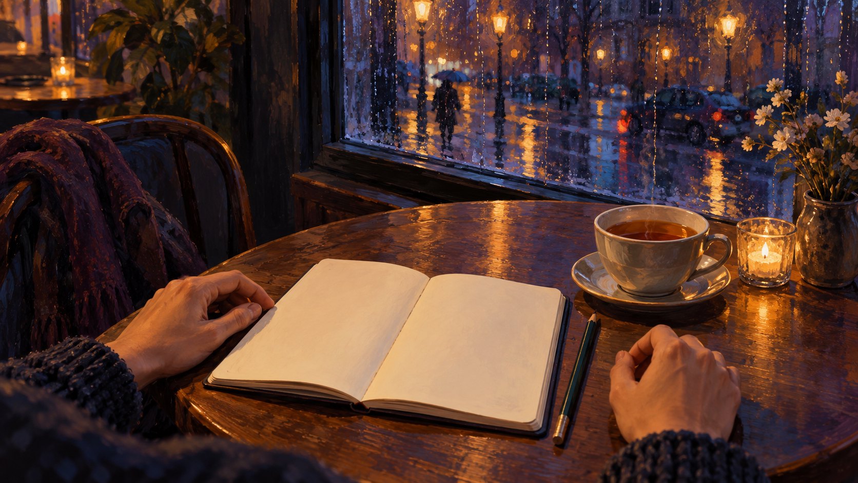 雨夜咖啡桌上的空白筆記本、鉛筆與茶杯,呈現映後整理感受的原創情境插畫