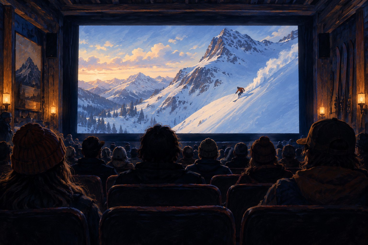 Editorial illustration of an audience watching a skier on a snowy mountain in a warmly lit cinema.