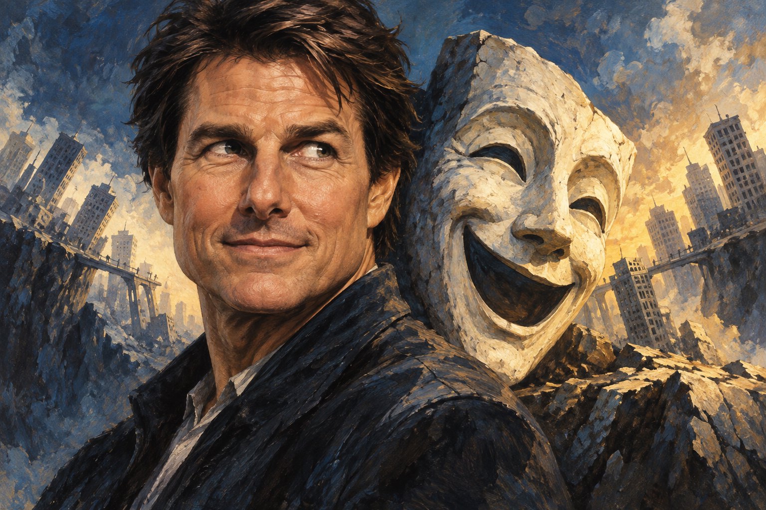 Conceptual painted portrait of Tom Cruise beside a theatrical mask, framed by tilted buildings and rubble.