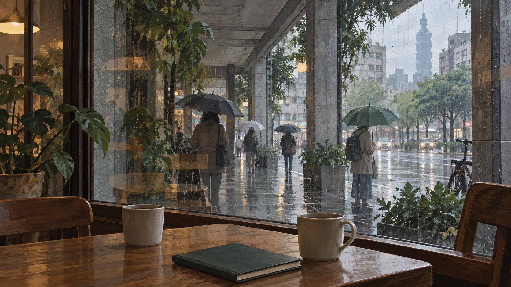 原創情境插畫：咖啡館桌上擺著杯子與筆記本，窗外是雨中的騎樓與行人