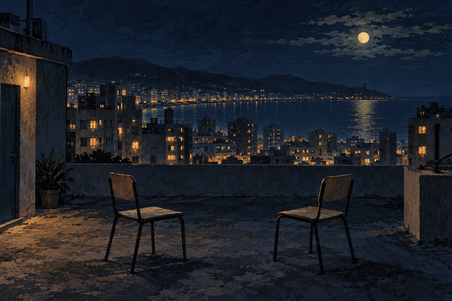 Conceptual illustration of two empty chairs on a moonlit rooftop overlooking a coastal city.