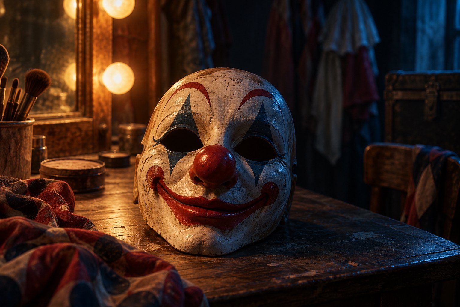 Conceptual illustration of a painted clown mask on a wooden table, divided between warm light and blue shadow.