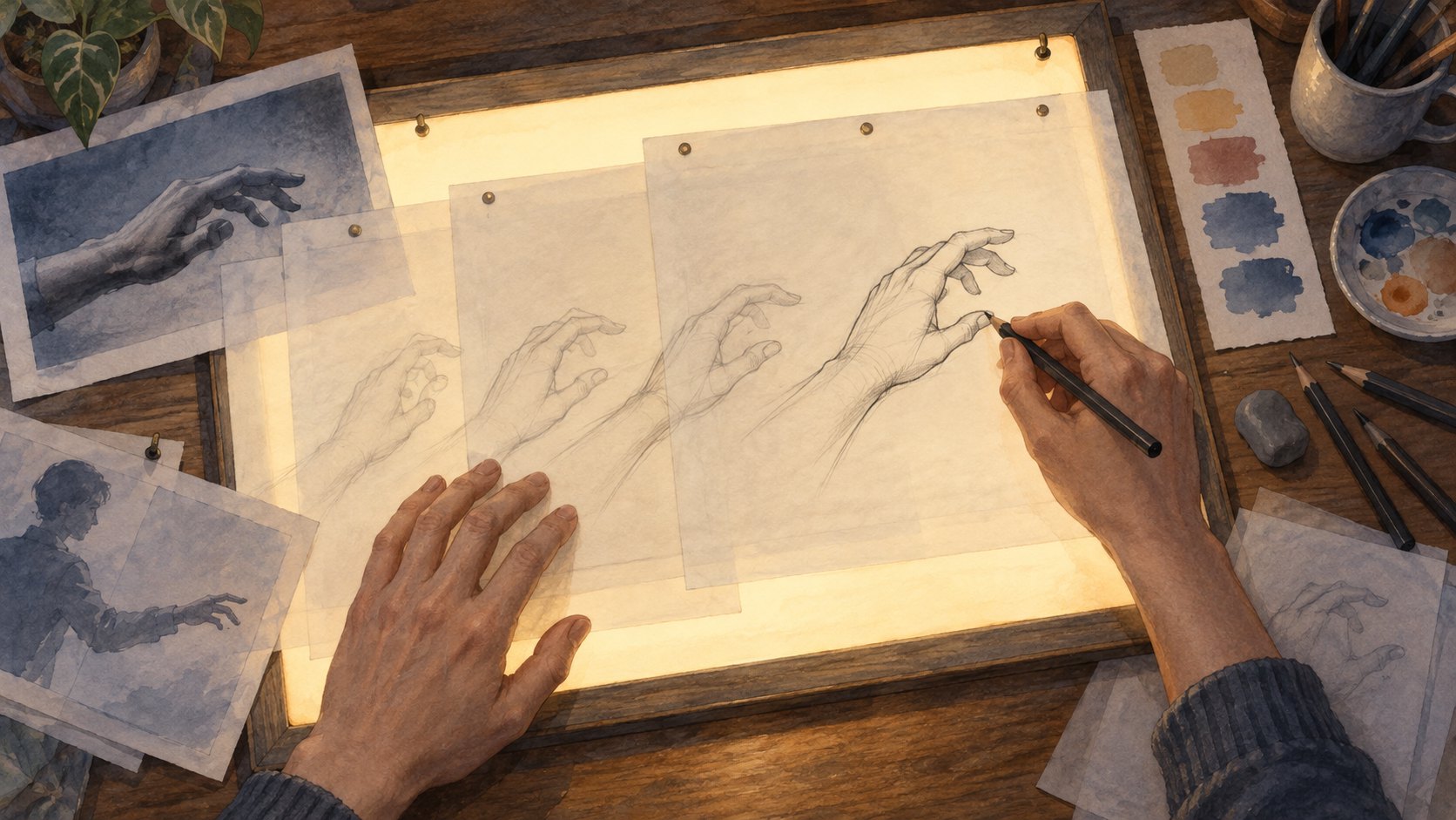 繪畫者在透光桌上描繪連續手勢的概念插畫,示意動作轉化為線條,非電影製作紀錄