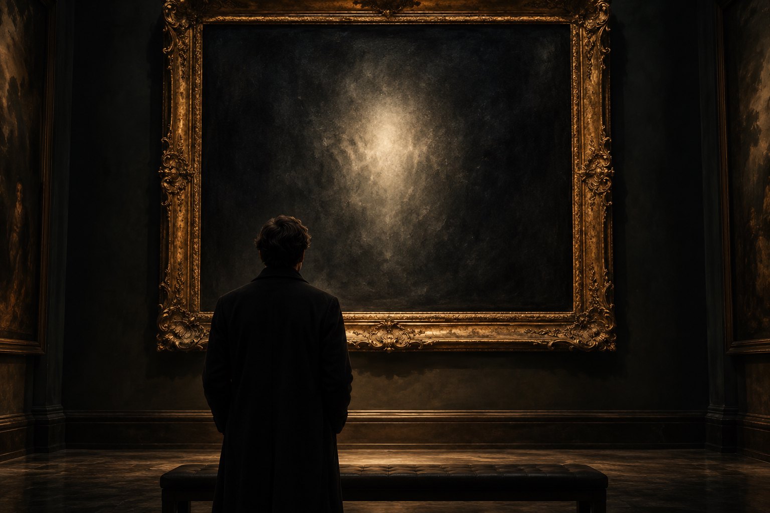 Conceptual illustration of a solitary viewer facing a dark, softly glowing canvas in an ornate gold frame.
