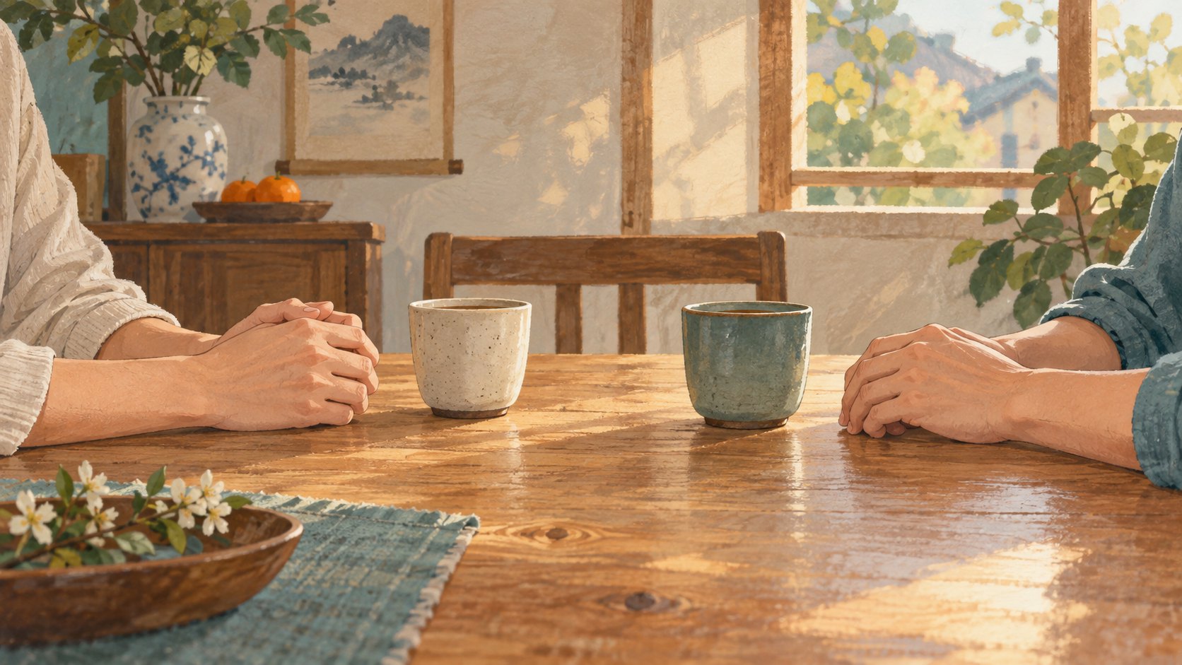 家庭對話概念插畫:兩人隔著木桌與茶杯對坐,雙手保持距離,象徵傾聽與尊重界線,非電影劇照。