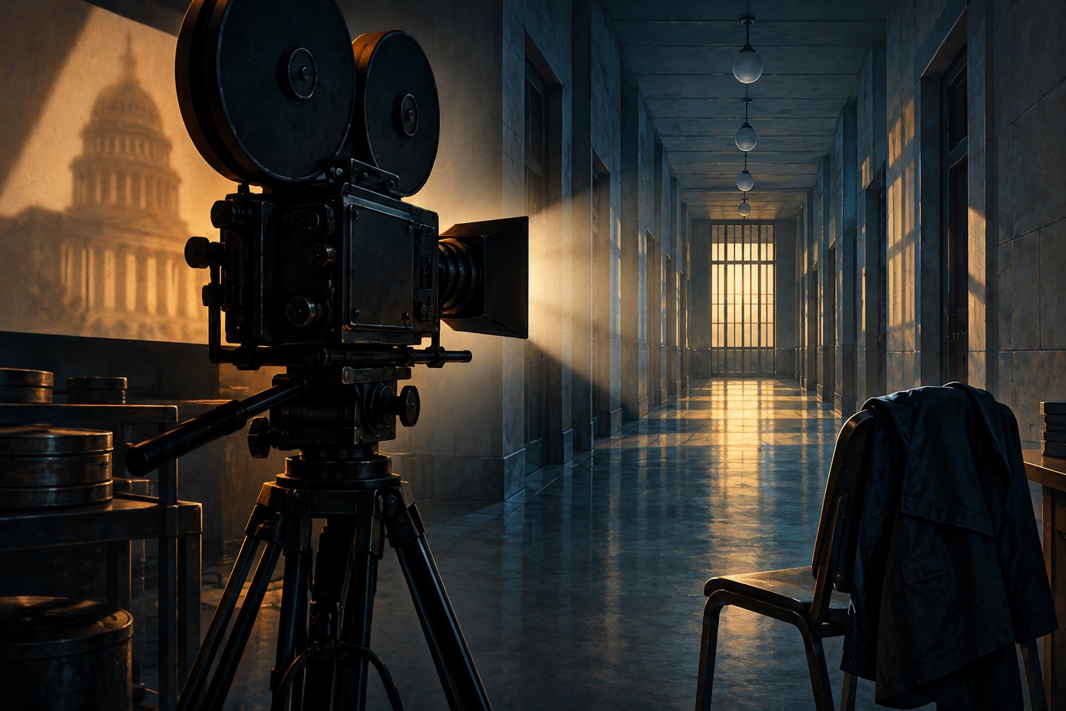 Conceptual illustration of a movie camera facing a shadowy institutional corridor, with a dark jacket draped over a chair.