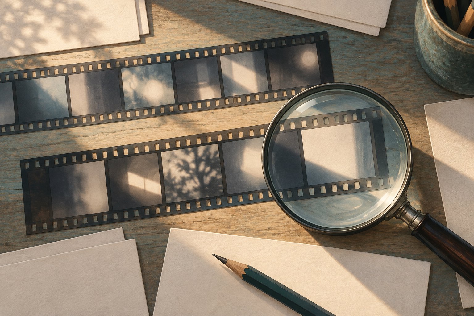 Conceptual illustration of a magnifying glass over film strips showing abstract shadows, surrounded by blank papers and a pencil.