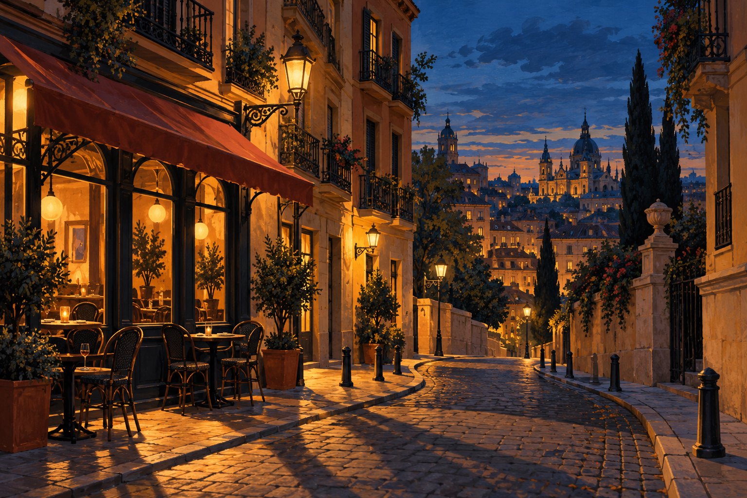 Painterly editorial illustration of a Madrid-inspired street at blue hour, with iron balconies, glowing cafe windows, and intersecting shadows.