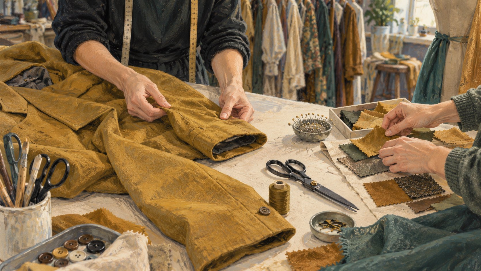 服裝工作者整理戲服袖口並比對布料的幕後勞動概念插畫