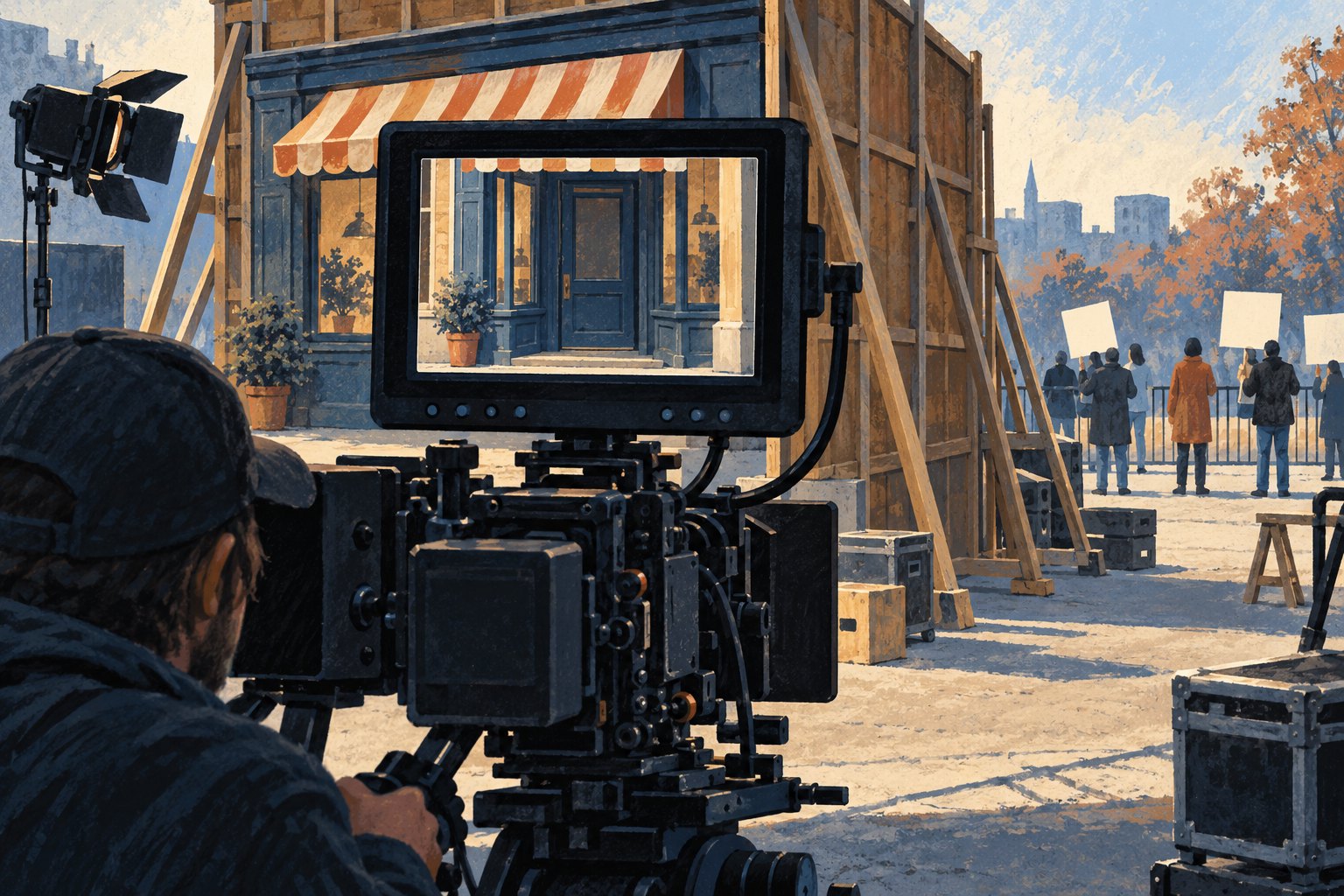 Conceptual illustration of a camera monitor framing a storefront while wooden set supports and people holding blank placards remain outside its view.