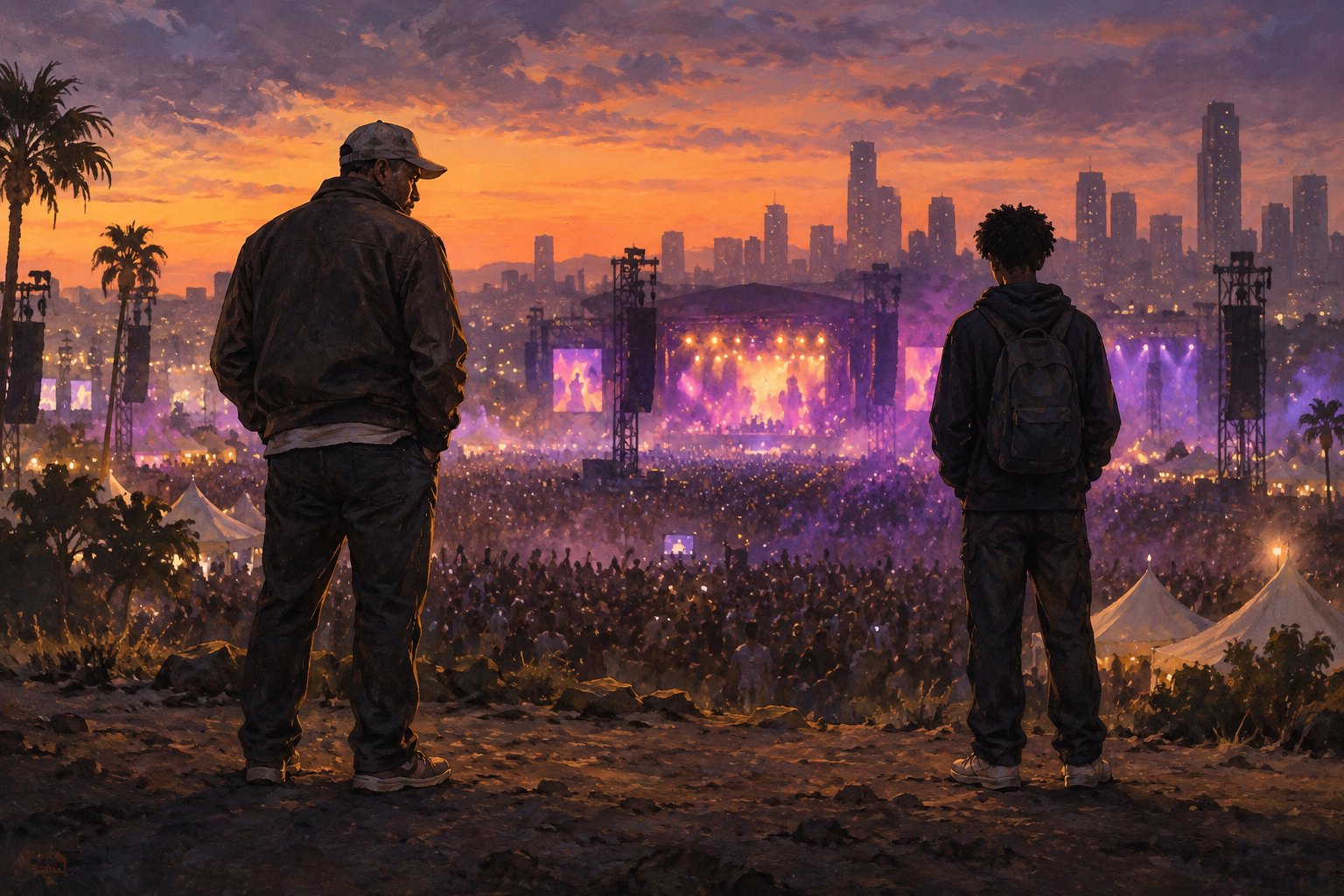 Conceptual illustration of a father and teenage son standing apart above a music festival at sunset.