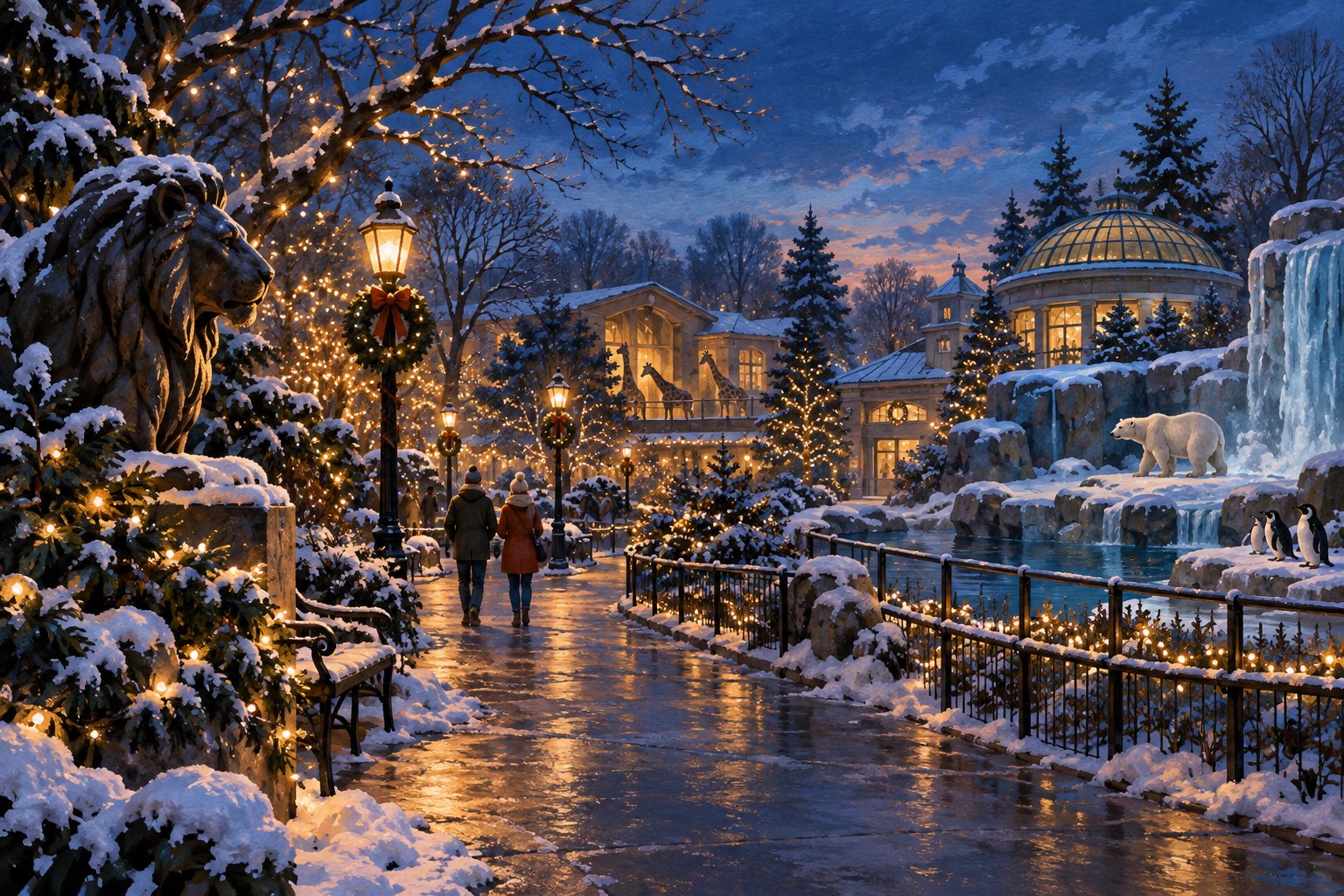 Concept illustration of visitors walking through an imagined snow-covered zoo with glowing holiday lights and animal habitats at dusk.